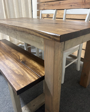 Load image into Gallery viewer, Farmhouse Dining Table Set - Gray and Provincial Brown - Bench Seating and Chair Option - Narrow Wooden Kitchen or Dining Table
