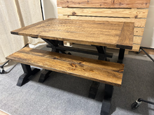 Load image into Gallery viewer, Modern Farmhouse Trestle Style Table Set - With Benches - Black Base with Provincial Brown Top - Dining and Kitchen Table