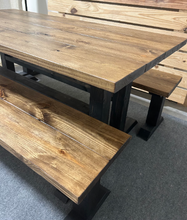 Load image into Gallery viewer, Trestle Style Farmhouse Table - Modern Provincial Brown with True Black - Wooden Dining Table with Benches