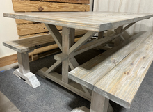 Load image into Gallery viewer, 7ft Classic Pedestal Table With Benches (Distressed White, Gray White Wash)