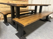 Load image into Gallery viewer, Trestle Style Farmhouse Table - Modern Provincial Brown with True Black - Wooden Dining Table with Benches