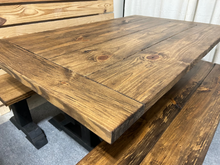 Load image into Gallery viewer, Modern Farmhouse Trestle Style Table Set - With Benches - Black Base with Provincial Brown Top - Dining and Kitchen Table