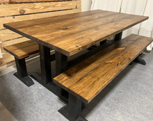 Load image into Gallery viewer, Trestle Style Farmhouse Table - Modern Provincial Brown with True Black - Wooden Dining Table with Benches