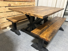 Load image into Gallery viewer, Modern Farmhouse Trestle Style Table Set - With Benches - Black Base with Provincial Brown Top - Dining and Kitchen Table