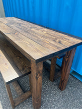 Load image into Gallery viewer, 7-Foot Counter Height Farmhouse Table with Benches, Rustic Dark Walnut Finish, Dining and Kitchen Table