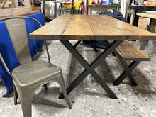 Load image into Gallery viewer, 6-Foot Industrial Dining Table Set: Roanoke Stain, Steel X Legs