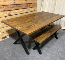Load image into Gallery viewer, 6-Foot Industrial Dining Table Set: Roanoke Stain, Steel X Legs
