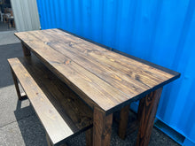 Load image into Gallery viewer, 7-Foot Counter Height Farmhouse Table with Benches, Rustic Dark Walnut Finish, Dining and Kitchen Table