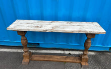 Load image into Gallery viewer, Rustic Farmhouse Entryway Table: Weathered White Top, Turned Legs
