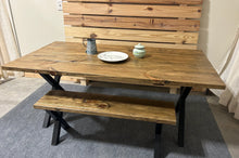 Load image into Gallery viewer, 6-Foot Industrial Dining Table Set: Roanoke Stain, Steel X Legs