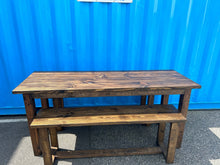 Load image into Gallery viewer, 7-Foot Counter Height Farmhouse Table with Benches, Rustic Dark Walnut Finish, Dining and Kitchen Table