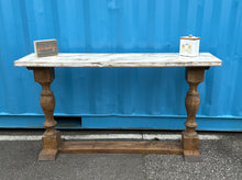 Load image into Gallery viewer, Rustic Farmhouse Entryway Table: Weathered White Top, Turned Legs