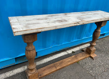 Load image into Gallery viewer, Rustic Farmhouse Entryway Table: Weathered White Top, Turned Legs