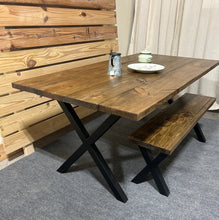 Load image into Gallery viewer, 6-Foot Industrial Dining Table Set: Roanoke Stain, Steel X Legs