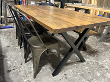 Load image into Gallery viewer, 6-Foot Industrial Dining Table Set: Roanoke Stain, Steel X Legs