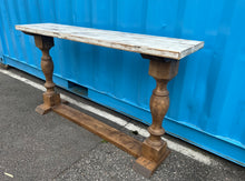 Load image into Gallery viewer, Rustic Farmhouse Entryway Table: Weathered White Top, Turned Legs
