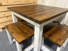 Load image into Gallery viewer, Square Farmhouse Table, Rustic Farmhouse Table, Dining Set with Stools, Table with Short Benches, Provincial Brown Top Gray Whitewash Base