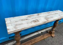 Load image into Gallery viewer, Rustic Farmhouse Entryway Table: Weathered White Top, Turned Legs