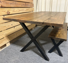 Load image into Gallery viewer, 6-Foot Industrial Dining Table Set: Roanoke Stain, Steel X Legs