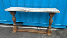 Load image into Gallery viewer, Rustic Farmhouse Entryway Table: Weathered White Top, Turned Legs