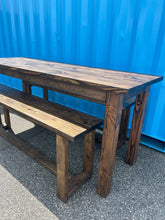 Load image into Gallery viewer, 7-Foot Counter Height Farmhouse Table with Benches, Rustic Dark Walnut Finish, Dining and Kitchen Table
