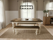 Load image into Gallery viewer, Five-foot dark walnut farmhouse dining table with antique-white turned legs and benches, staged with white chairs in a dining room