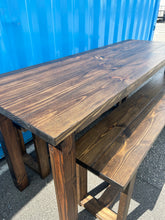 Load image into Gallery viewer, 7-Foot Counter Height Farmhouse Table with Benches, Rustic Dark Walnut Finish, Dining and Kitchen Table
