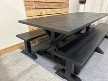 Load image into Gallery viewer, Black Modern Trestle Farmhouse Table, With Benches, Stained True Black, Dining Table or Kitchen Table Set