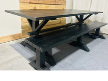 Load image into Gallery viewer, Black Modern Trestle Farmhouse Table, With Benches, Stained True Black, Dining Table or Kitchen Table Set