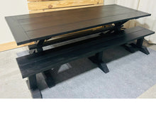 Load image into Gallery viewer, Black Modern Trestle Farmhouse Table, With Benches, Stained True Black, Dining Table or Kitchen Table Set