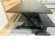 Load image into Gallery viewer, Black Modern Trestle Farmhouse Table, With Benches, Stained True Black, Dining Table or Kitchen Table Set