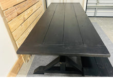 Load image into Gallery viewer, Black Modern Trestle Farmhouse Table, With Benches, Stained True Black, Dining Table or Kitchen Table Set