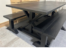 Load image into Gallery viewer, Black Modern Trestle Farmhouse Table, With Benches, Stained True Black, Dining Table or Kitchen Table Set