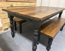 Load image into Gallery viewer, Modern Farmhouse Dining Set with Elegant Turned Legs | Handcrafted Wood Table & Benches | Customizable Seating Options