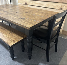 Load image into Gallery viewer, Modern Farmhouse Dining Set with Elegant Turned Legs | Handcrafted Wood Table & Benches | Customizable Seating Options