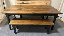 Load image into Gallery viewer, Modern Farmhouse Dining Set with Elegant Turned Legs | Handcrafted Wood Table & Benches | Customizable Seating Options