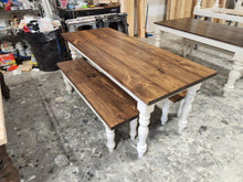Load image into Gallery viewer, 6-Foot Narrow Farmhouse Dining Table Set: Provincial Brown Top, White Turned Legs