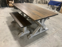 Load image into Gallery viewer, 6ft Classic Pedestal Table With Benches (Dark Walnut, Distressed White)
