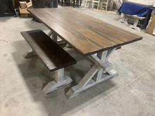 Load image into Gallery viewer, 6ft Classic Pedestal Table With Benches (Dark Walnut, Distressed White)