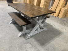 Load image into Gallery viewer, 6ft Classic Pedestal Table With Benches (Dark Walnut, Distressed White)