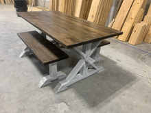 Load image into Gallery viewer, 6ft Classic Pedestal Table With Benches (Dark Walnut, Distressed White)