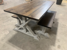 Load image into Gallery viewer, 6ft Classic Pedestal Table With Benches (Dark Walnut, Distressed White)