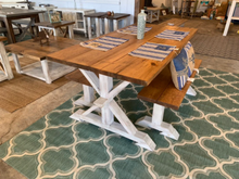 Load image into Gallery viewer, 6ft Classic Pedestal Table With Benches (Early American, Distressed White)