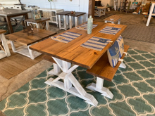 Load image into Gallery viewer, 6ft Classic Pedestal Table With Benches (Early American, Distressed White)