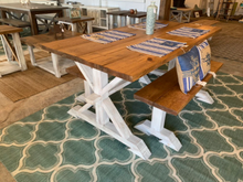 Load image into Gallery viewer, 6ft Classic Pedestal Table With Benches (Early American, Distressed White)