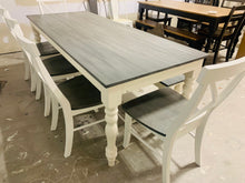 Load image into Gallery viewer, Rustic Farmhouse Dining Table Set: Turned Leg, Carbon Gray Whitewash Top
