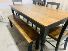 Load image into Gallery viewer, Rustic Turned Leg Farmhouse Table Set, Bench and Chairs with Black Base and Provincial Brown Top, Dining Table Set