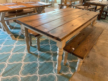 Load image into Gallery viewer, Farmhouse Table Set with Turned Legs, Two Benches, Provincial Brown Top and Gray Sun-Bleached Stain Base Dining Set