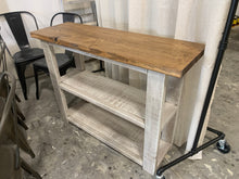 Load image into Gallery viewer, Farmhouse Narrow Bookcase: Distressed White Console Table, Early American Brown Top