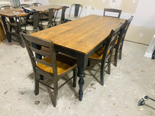 Load image into Gallery viewer, Rustic Turned Leg Farmhouse Table Set, Bench and Chairs with Black Base and Provincial Brown Top, Dining Table Set
